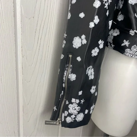 Michael Michael Kors Moto Jacket M Black White Flowers Floral Faux Leather - Picture 6 of 10